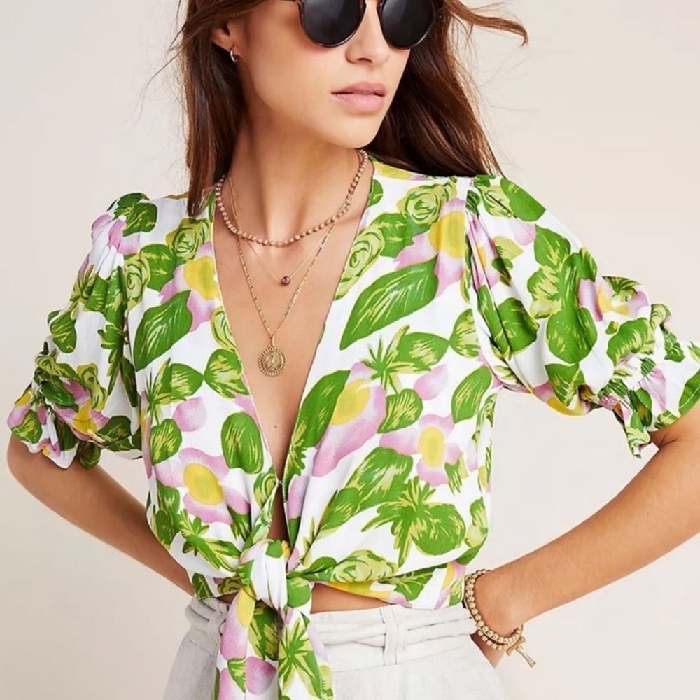 Faithfull the Brand Green and Pink Floral tie up Blouse size 4